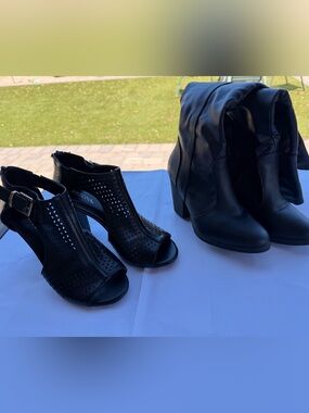 2 pair of Black Perforated Open-Toe Heels and Tall Boots for Bundle